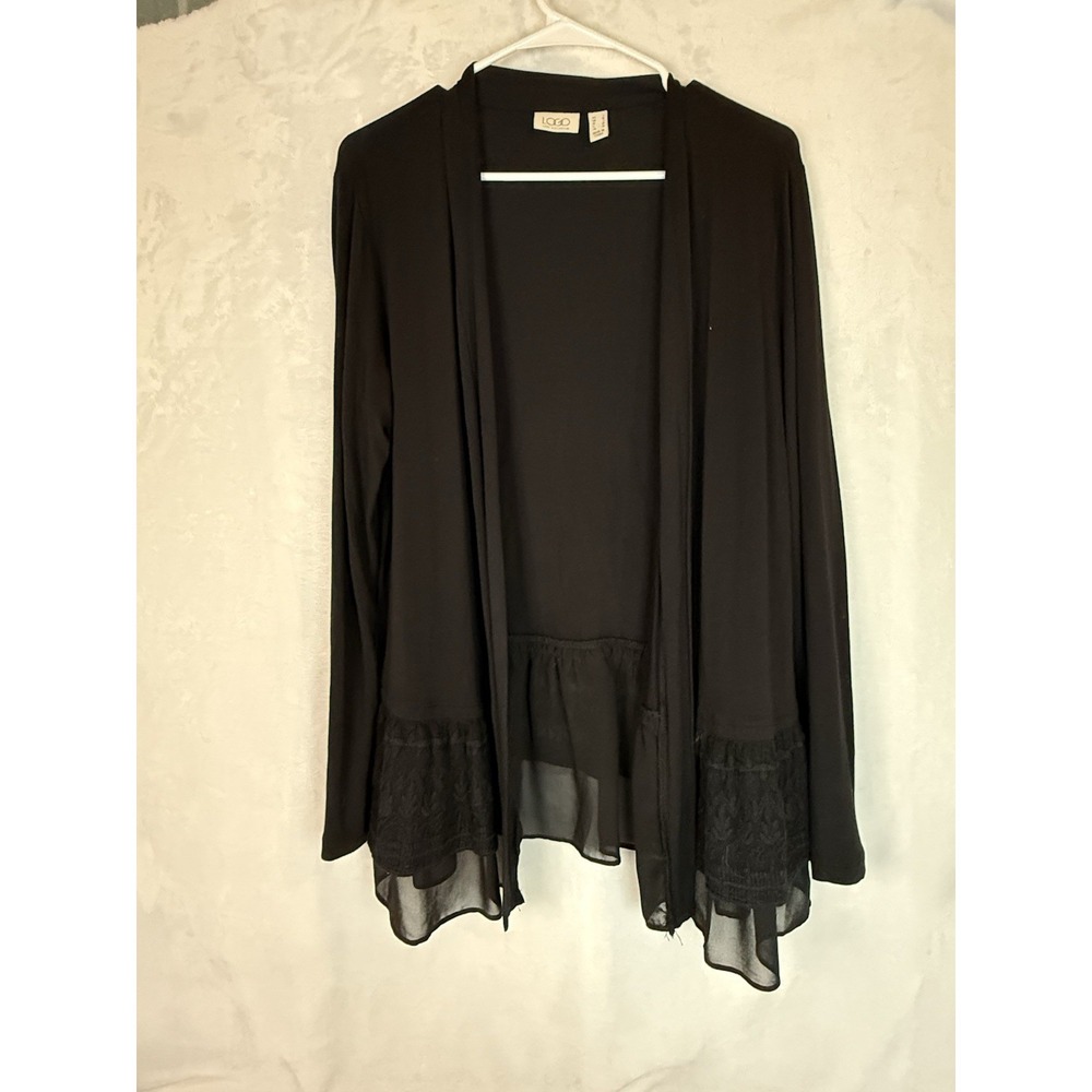 LOGO Lori Goldstein‎ Black Cardigan Lace Hem Open Front Stretch Size M Ruffle